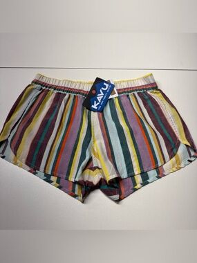 NWT KAVU Women’s Aberdeen Organic Cotton Shorts Sz L Striped Elastic Waist
